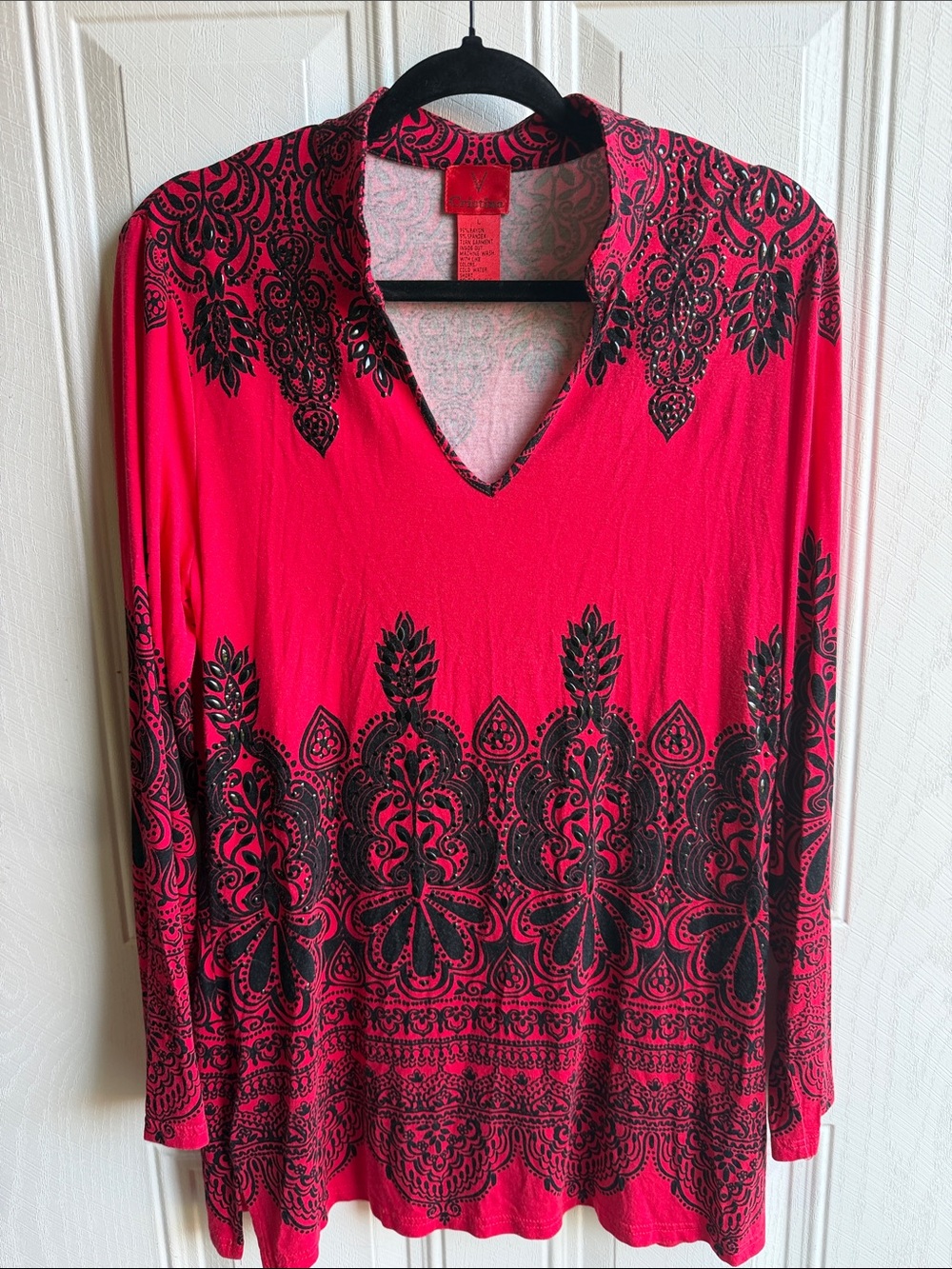 V Cristina Red Black McBling Paisley Rhinestone Tunic Top Large Y2K Boho Bling